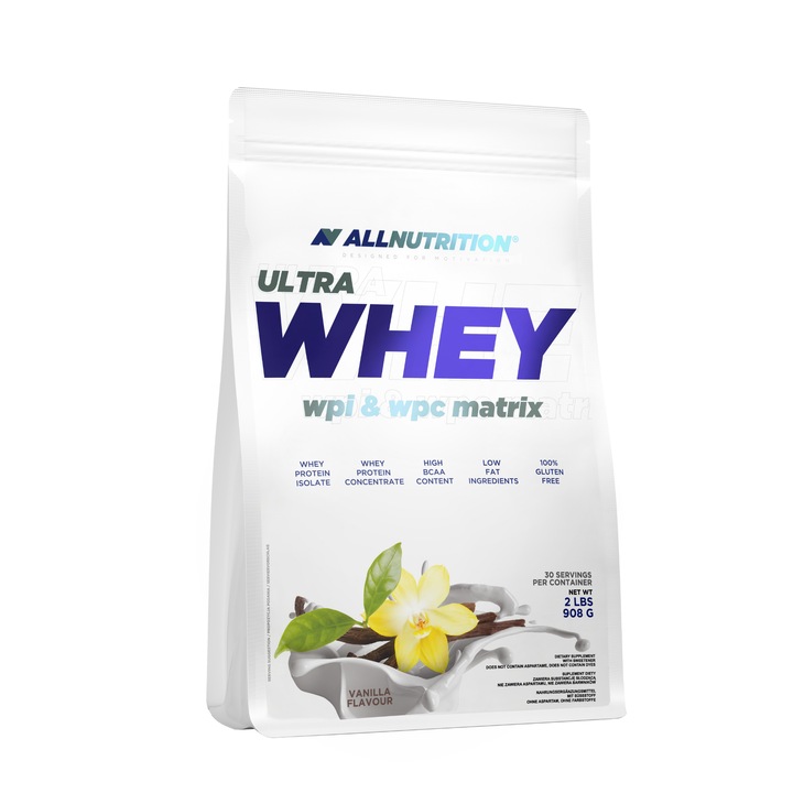 Proteine din zer, ALLNUTRITION Ultra Whey, 908g, aroma Vanilie, pudra proteica, proteina, fara zahar