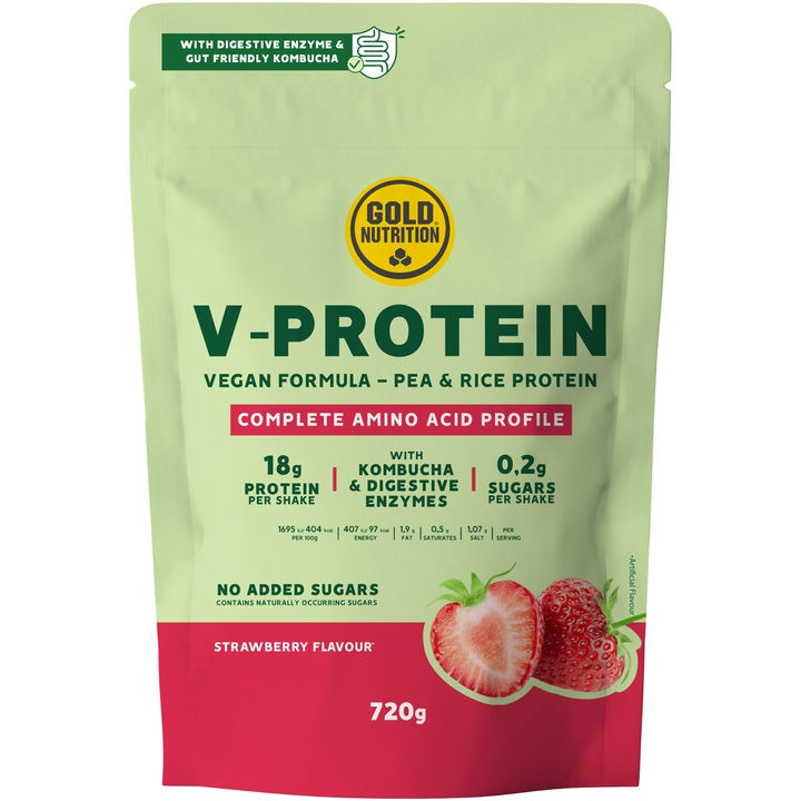 Pudra proteica vegetala, GoldNutrition, V Protein Capsuni, 720 g