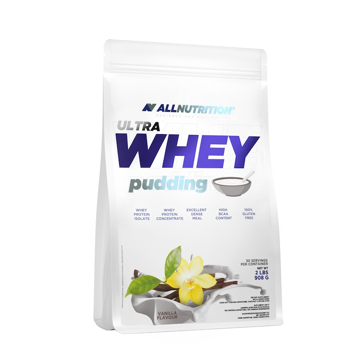 Proteine din zer, ALLNUTRITION Ultra Whey Pudding, 908g, aroma Vanilie, pudra proteica, fara zahar, fara gluten, supliment proteic
