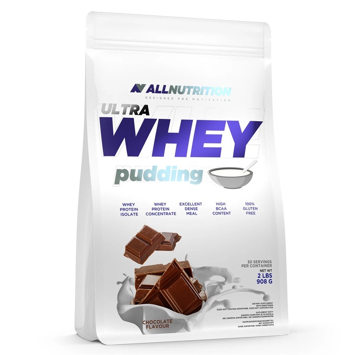 Proteine din zer, ALLNUTRITION Ultra Whey Pudding, 908g, aroma de ciocolata, fara gluten, pentru cresterea masei musculare si desert proteic fitness, bogat in proteine