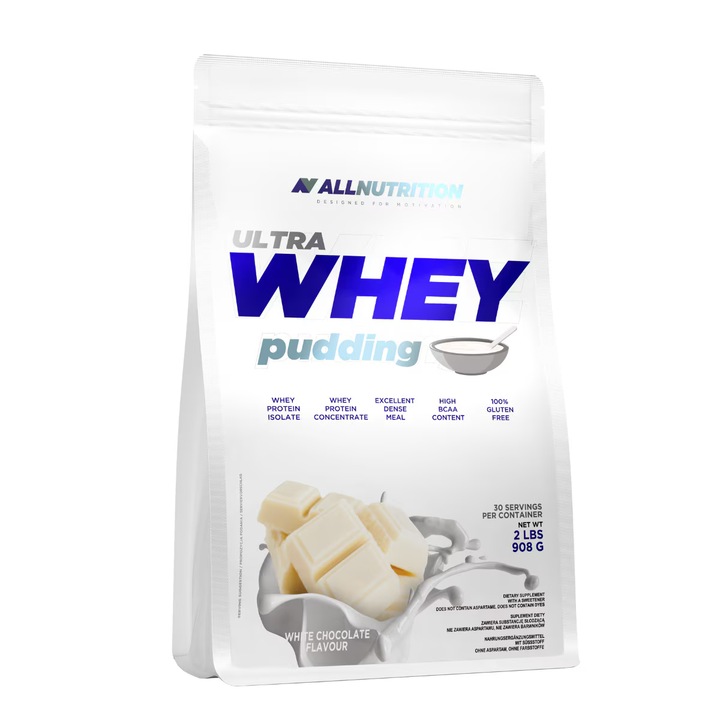 Proteine din zer, ALLNUTRITION Ultra Whey Pudding, 908g, aroma de ciocolata alba, fara gluten, pentru cresterea masei musculare si desert proteic fitness, bogat in proteine
