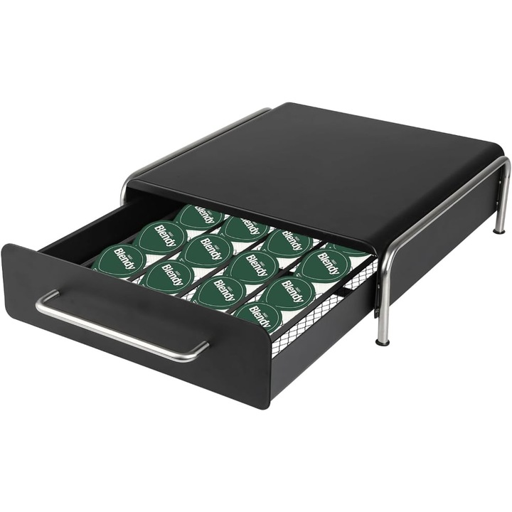 Suport pentru 36 capsule cafea, Quasar & Co.®, cu suport cafetiera, stand orizontal, 31.5 x 20.5 x 10 cm, metal, negru