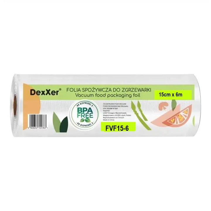 Pungi vidat gofrate DexXer, pentru aparat de vidat alimente, 1 rola, 15cm x 6m, reutilizabile, rezistente, sous vide, lavabile in masina de spalat, fara BPA, transparent