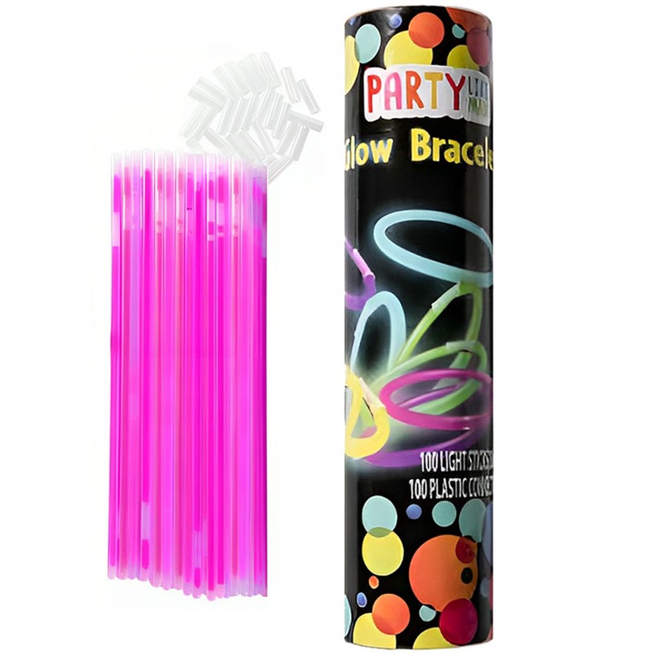 Set 100 bratari luminoase si colorate pentru petreceri, fosforescente, Glow Sticks, Roz, bebeLOGIC™