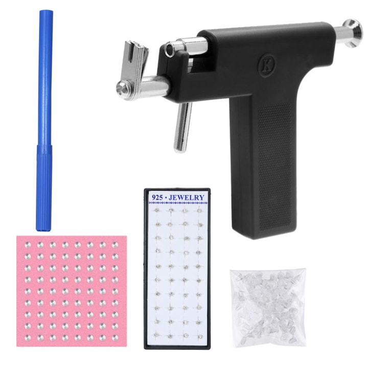Pistol profesional de dat gauri in urechi si nas, JENUOS®, 98 x Cercei pentru Urechi, cu Opritori de Silicon pentru Cercei, Negru