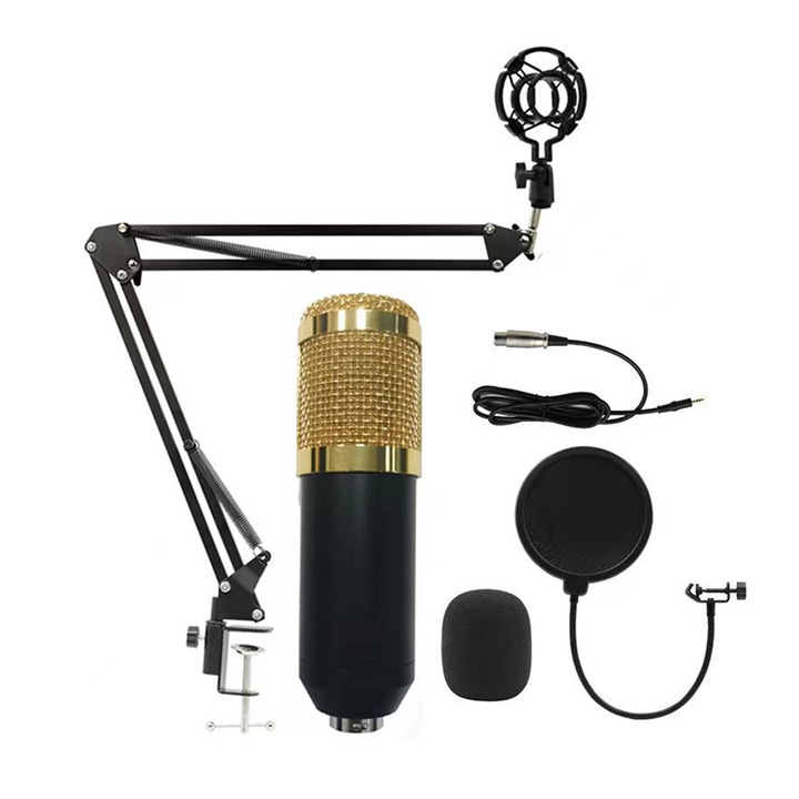 Set microfon condensator Bm800 cu brat robust, Akimy, tip plug and play, negru/auriu
