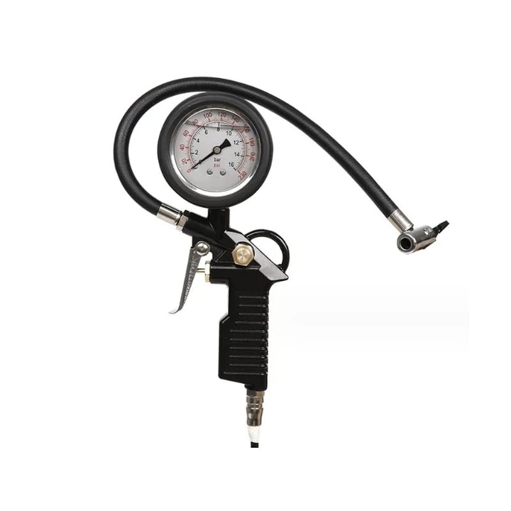 Pistol de umflat, manometru cu glicerina, 0-16 bar, 35 cm furtun, conexiune 1/4"
