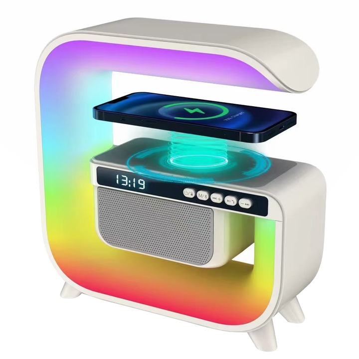Difuzor Bluetooth, Akimy, portabil, ceas digital multifunctional, Incarcator rapid de 15 W, Lumina ambientala colorata