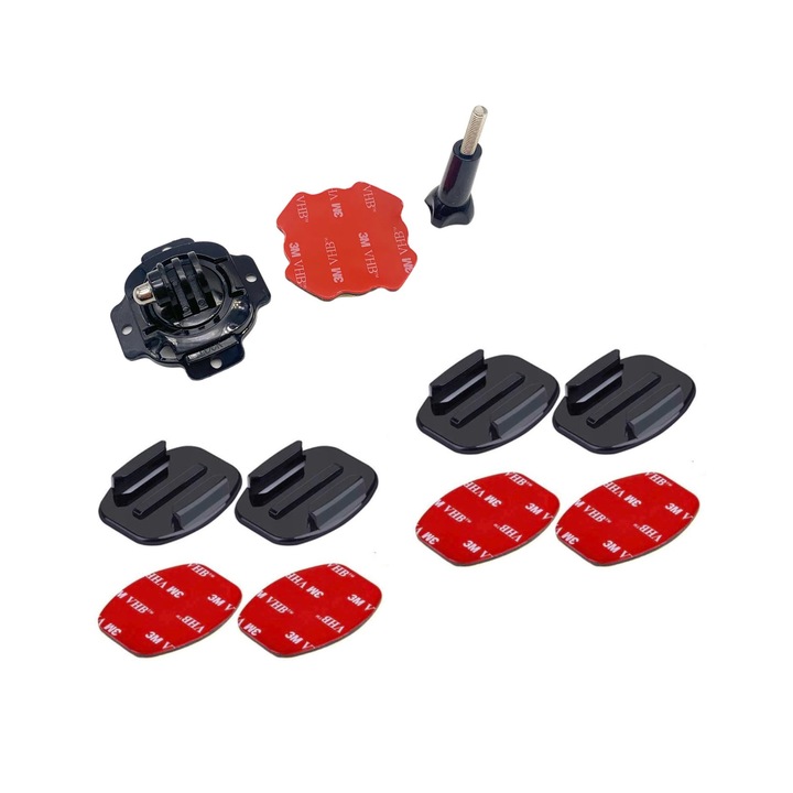 3M Tape Adhesive Grip System, 4 комплекта за прави повърхности + 1 360 градусов винт за захващане за каска или други предмети, съвместими с Gopro Hero 1 2 3+ 4 5 6 7 8 9 10 11 12 Session Mini спортни видеокамери, insta360, DJI, универсален