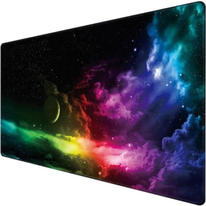 Mousepad Mare Cauciucat, Pentru Gaming, Birou, Antiderapant, Cusaturi Anti-Rupere, Waterproof, model Galaxie, 90 x 40cm, Negru