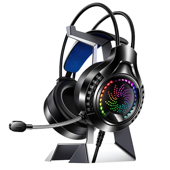 Casti pentru jocuri, Akimy, surround 7.1, microfon, functie de anulare a zgomotului, lumini LED colorate, pentru PC/Mac/laptop, negru