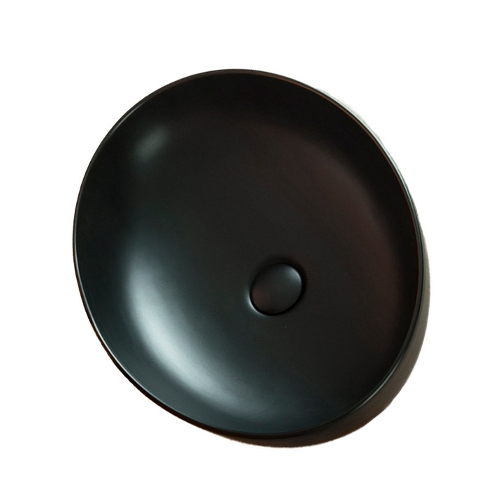 Lavoar de baie, pe blat, oval, ceramic, Rebiko, moderna si eleganta, negru, 41.5 x 33 x 15 cm