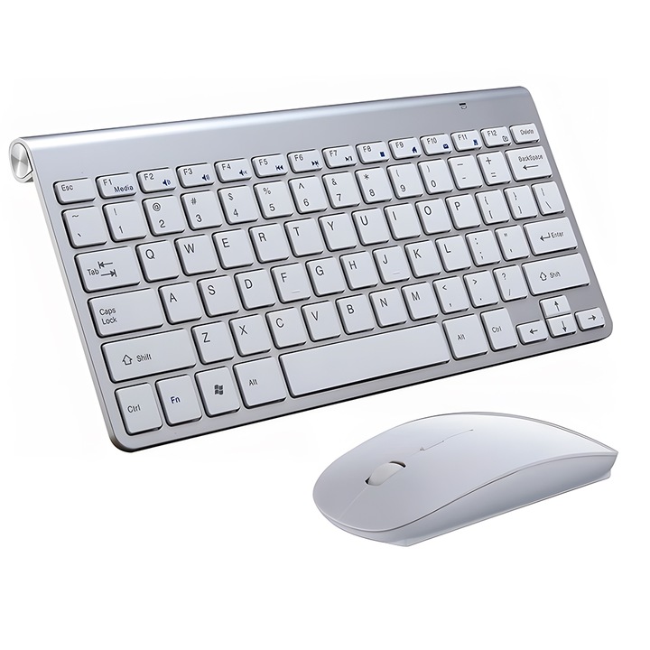 Комплект безжична клавиатура и мишка, Akimy, 2.4G, ултратънък, безшумен, различни съвместимости, сребрист