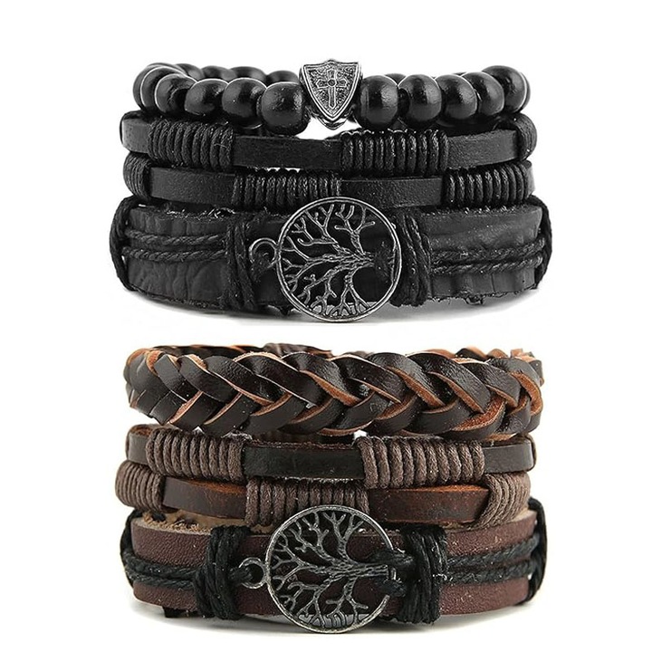 2 db unisex karkötő készlet, természetes bőr, barna/fekete