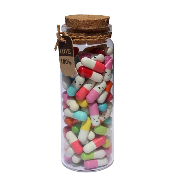 Cadou cuplu, Borcan cu 100 de capsule cu mesaje de iubire, hartie/sticla, Multicolor