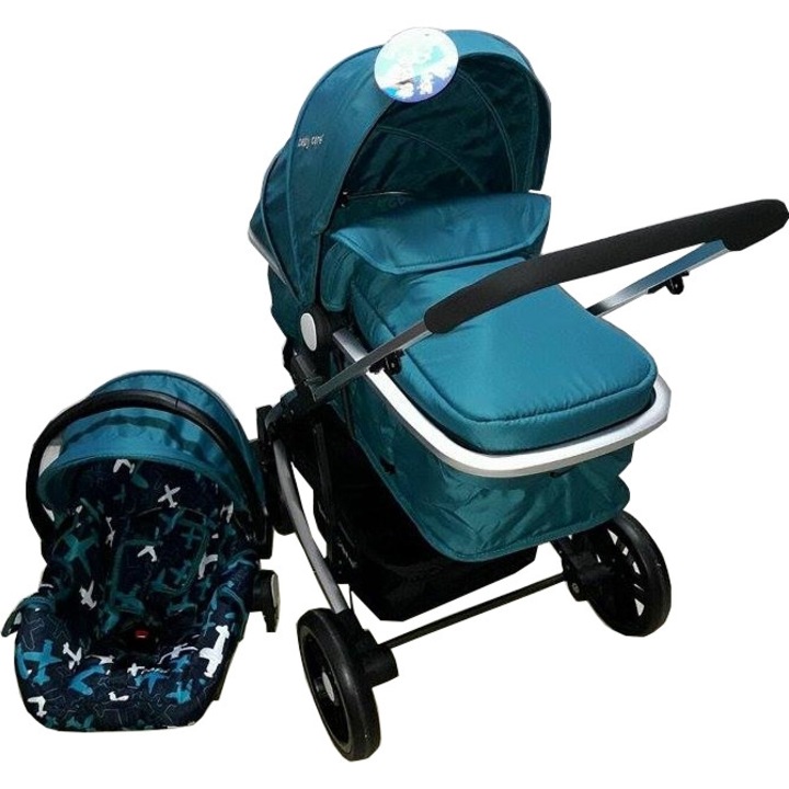 Количка за новородено 3 в 1 Baby Care™ PRO YK, алуминиева рамка, количка, кора за кола, 3-степенна регулируема облегалка, тюркоазено зелено