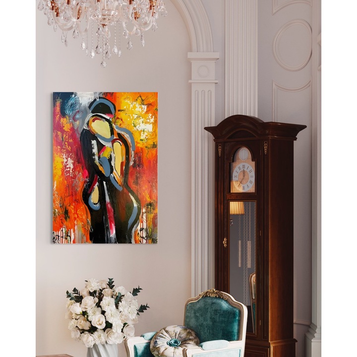 Първокласна картина на платно, LuxCanva® B1105, Страстна любов, 70 X 100 CM, 100% памучно платно 400g/m2, Дървена рамка, Всекидневна, Amor, Той, Тя, Любов, Прегръдка, Двойка, Влюбени, Спалня, Живи цветове