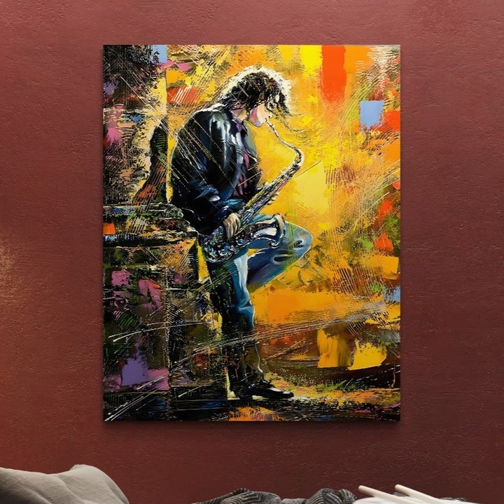 Tablou Canvas Premium, LuxCanva® C1025, Muzician Stradal, 95 X 120 CM, Panza Bumbac 100% 400g/m2, Sasiu Lemn, Culori, Muzician, Saxofon, Dormitor, Camera Copilului, Relaxare, Culori Vibrante