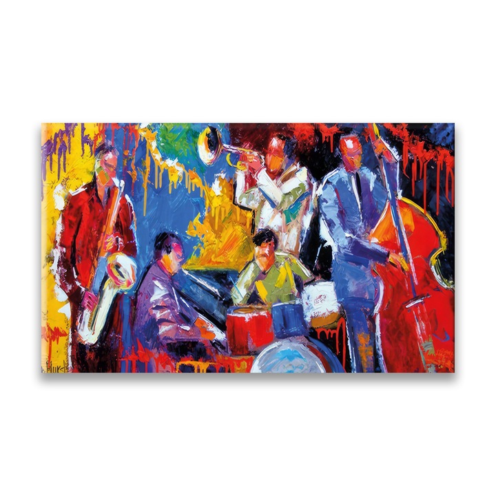 Първокласна картина на платно, LuxCanva® A1325, Цветно джаз изкуство, 60 X 100 CM, 100% памучно платно 400g/m2, Дървено шаси, Всекидневна, Музика, Музикални инструменти, Група, Спалня, Живи цветове