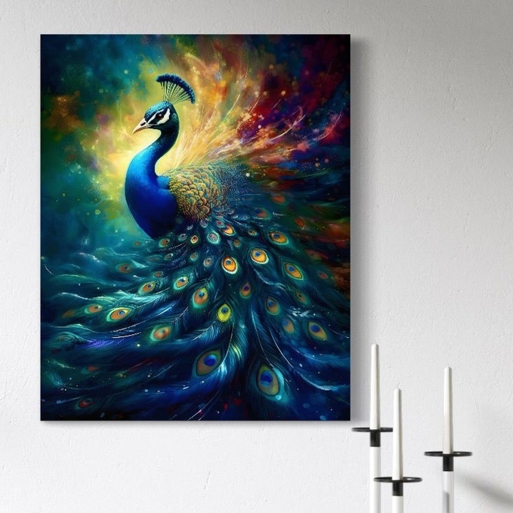 Tablou Canvas Premium, LuxCanva® C1026, Paun Stralucitor, 95 X 120 CM, Panza Bumbac 100% 400g/m2, Sasiu Lemn, Culori, Pasari, Paun, Dormitor, Living, Relaxare, Culori Vibrante