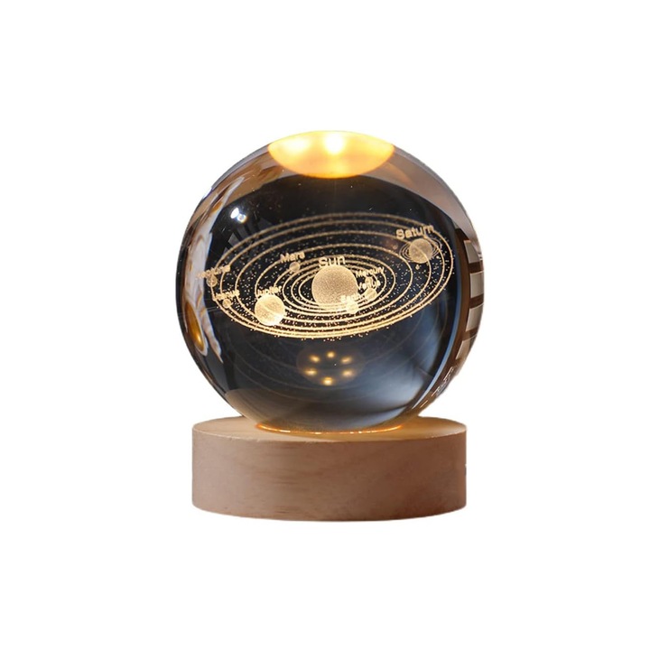 Нощна лампа, Axroad Mall, 3D соларен модел, USB захранване, включена дървена стойка, Защита за очите с мека светлина, 5V, Преносима, За спалня, хол, нощно шкафче, Кристал, 7x8 см, Прозрачен/Кафяв