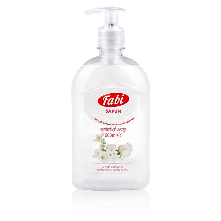 Sapun lichid, Fabi, 500 ml, cu pompita, alb, curatare delicata, parfum iasomie, trandafir si ylang ylang