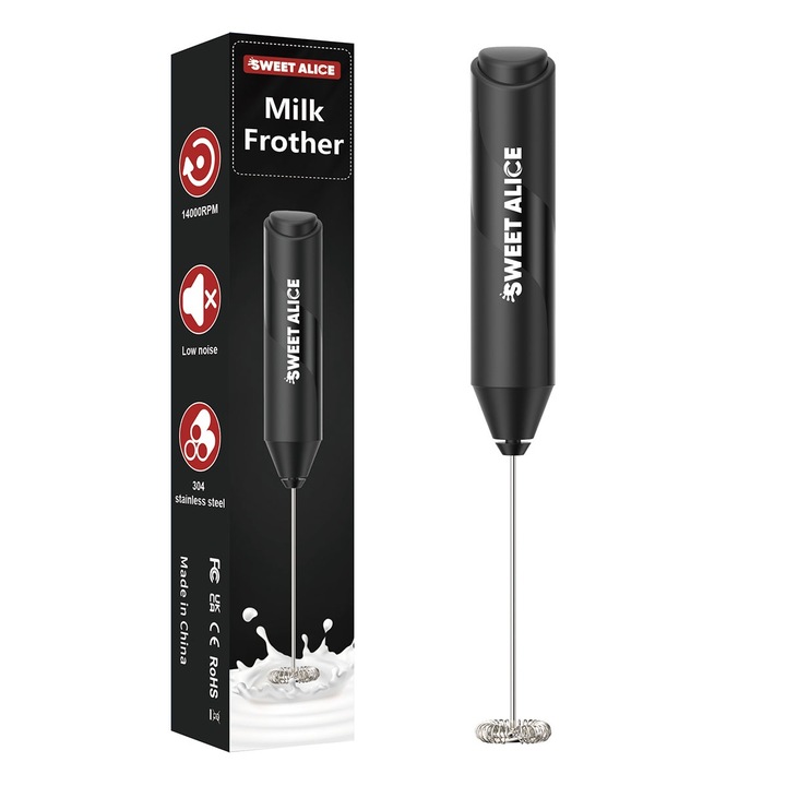 Mixer spuma lapte, Electric cu baterie, SDLOGAL, bauturi calde/reci, maner izolat termic, otel inoxidabil, Pentru latte, ciocolata calda, cappuccino, frappe, usor de folosit, Fara titular