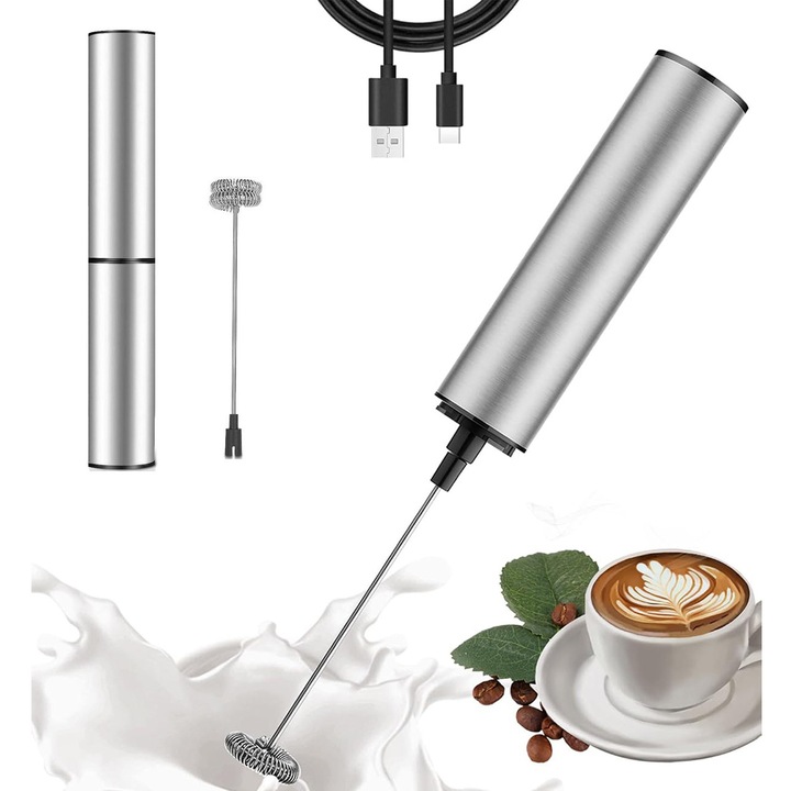 Mixer Electric cu capac, SDLOGAL, Aparat pentru spuma de lapte 2 viteze reglabile, Incarcare USB, pentru a face spuma de lapte sau capucino, brat otel inoxidabil, frappe, Argintie