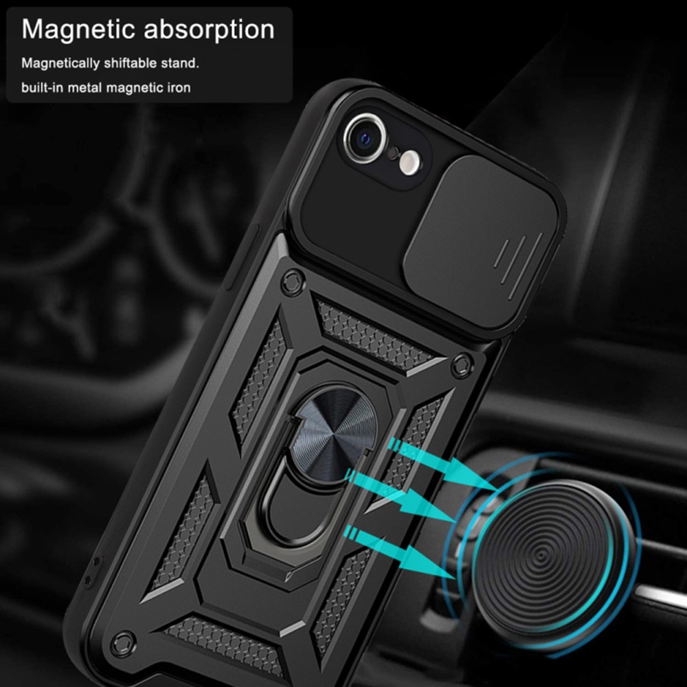 Husa telefon Mat-Tech compatibila cu iPhone 7 / 8 / SE 2, SE 2020 / SE 3, SE 2022, Protectie Camera Slide and Snap Soft Premium, Magnetic Ring Holder, PopGrip, Anti-Shock, Rugged Protection, Negru