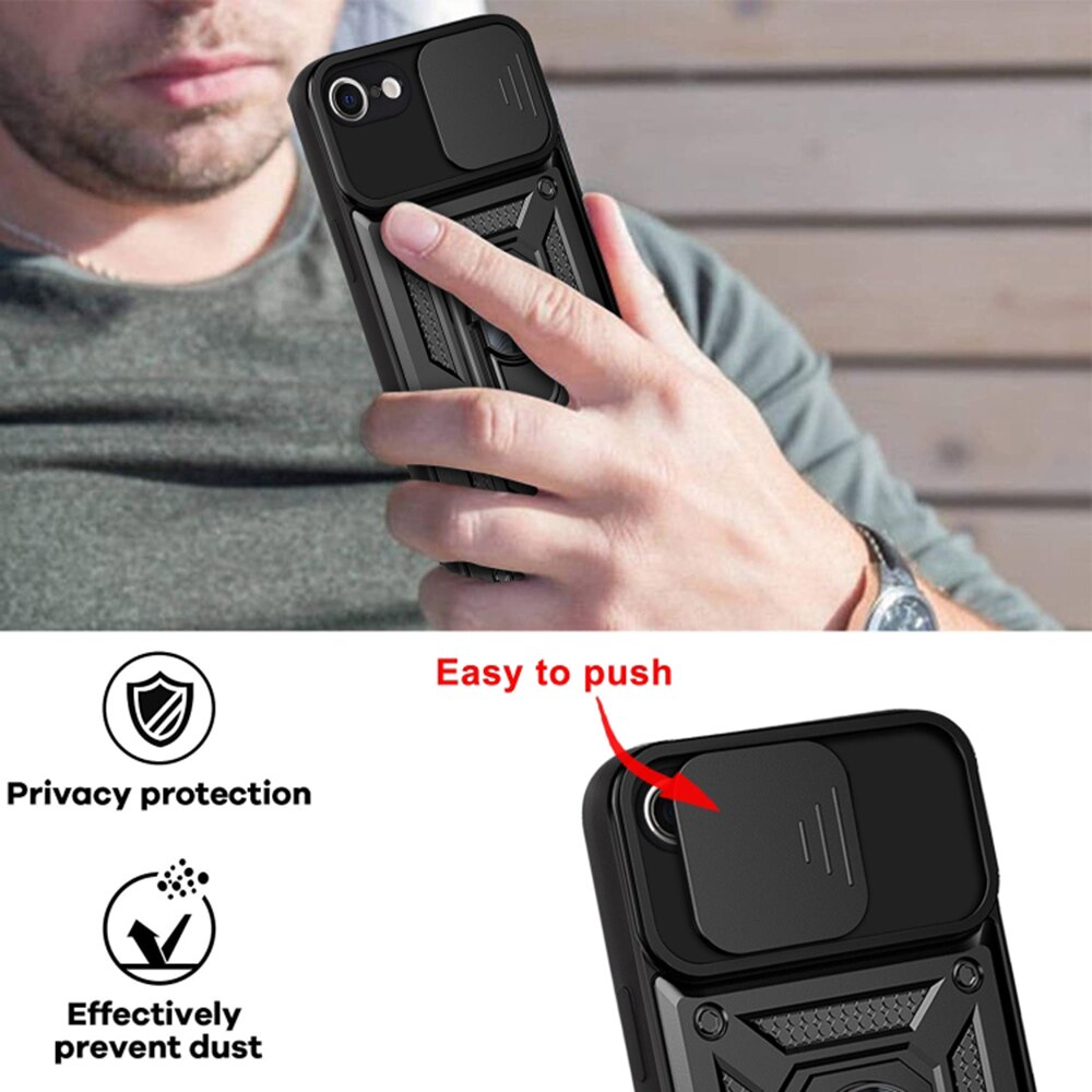 Husa telefon Mat-Tech compatibila cu iPhone 7 / 8 / SE 2, SE 2020 / SE 3, SE 2022, Protectie Camera Slide and Snap Soft Premium, Magnetic Ring Holder, PopGrip, Anti-Shock, Rugged Protection, Negru