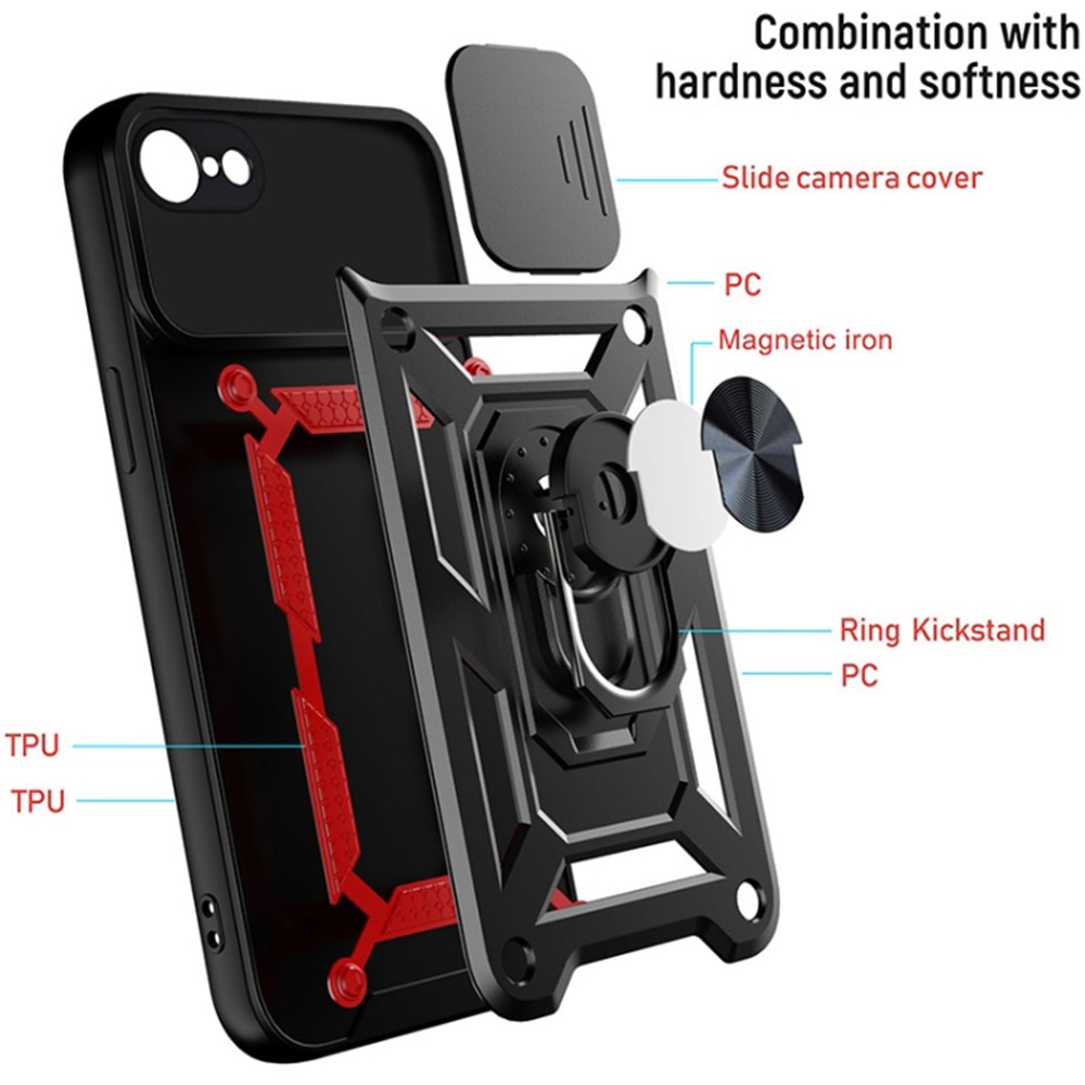 Husa telefon Mat-Tech compatibila cu iPhone 7 / 8 / SE 2, SE 2020 / SE 3, SE 2022, Protectie Camera Slide and Snap Soft Premium, Magnetic Ring Holder, PopGrip, Anti-Shock, Rugged Protection, Negru