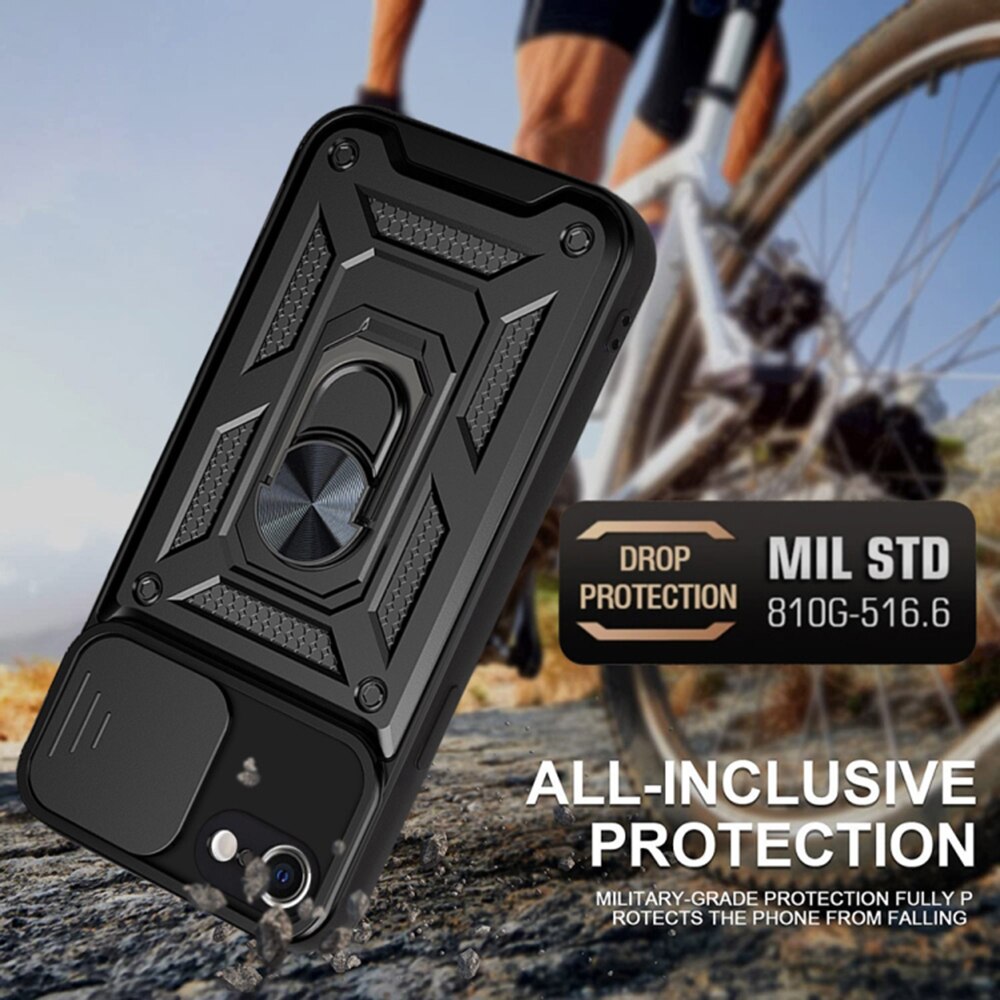 Husa telefon Mat-Tech compatibila cu iPhone 7 / 8 / SE 2, SE 2020 / SE 3, SE 2022, Protectie Camera Slide and Snap Soft Premium, Magnetic Ring Holder, PopGrip, Anti-Shock, Rugged Protection, Negru