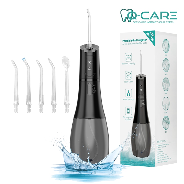 Irigator / Dus Bucal Q-Care, portabil, presiune reglabila 30-130PSI, 6 capete, 5 programe, rezervor 400ml, acumulator 1100mAh, ideal pentru aparat dentar, implanturi si prevenirea gingivitei
