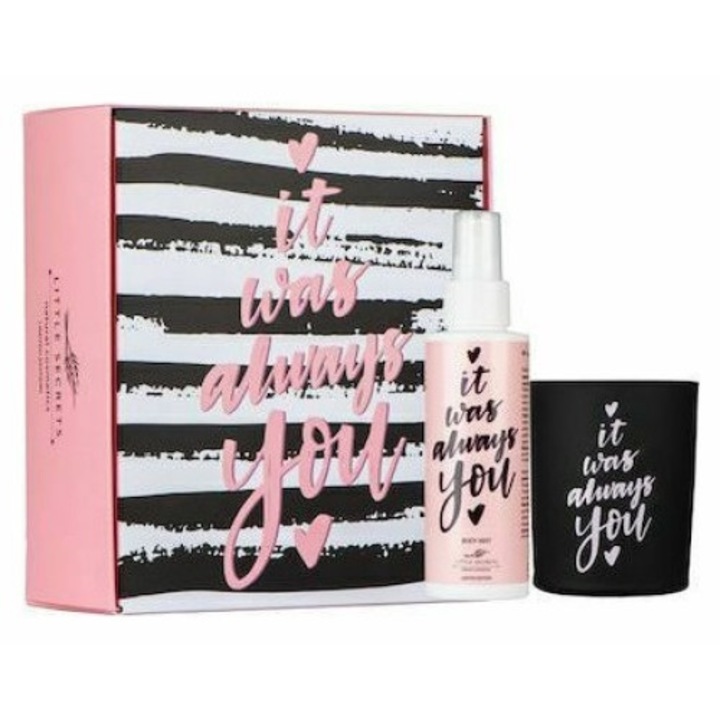 Set cadou Little Secrets "Intotdeauna tu ai fost", lumanare hidratanta 160ml, body mist 100ml, multicolor