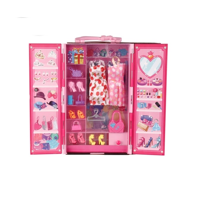 Lánybaba 2 ruhát, 5 különböző méretű táskát és 4 pár cipőt tartalmazó kiegészítő gardróbbal