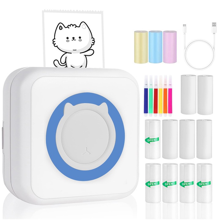 Комплект 19 части мини термопринтер, Bolongking, Bluetooth свързаност, iOS/Android съвместим, 1200 mAh, син/бял