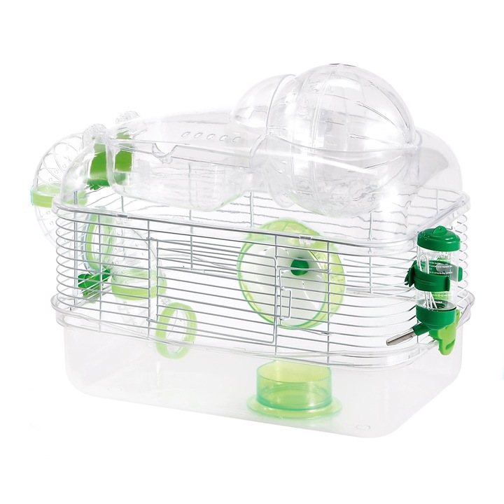 Cusca pentru hamsteri, Happet, Gremi, Plastic/Metal, 40 x 28 x 38 cm, Transparent/Verde