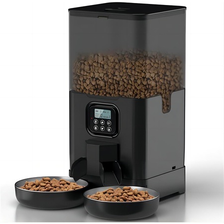 Hranitor Automat Pentru Caini si Pisici, PRESOMA, 6L, doua compartimente, Programabil, Inregistrare Vocala 10 Secunde, sursa alimentare dubla, Negru/Transparent