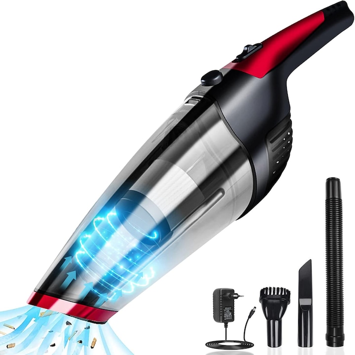 Aspirator auto, pentru uz caznic sau auto, functie de aspirare umeda si uscata, 6000 Pa, 2000 Mah, 120 W, Aspiratie Ciclonica, Filtru Hepa, 3 accesorii ideale pentru spatii inguste, Rosu/Negru