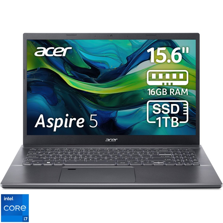 Acer Aspire 5 A515-57 laptop Intel® Core™ i7-12650H processzorral max. 4.70 GHz, 15.6", Full HD, IPS, 16GB DDR4, 1TB SSD, Intel® UHD Graphics, No OS, Nemzetközi angol billentyűzet, Vas