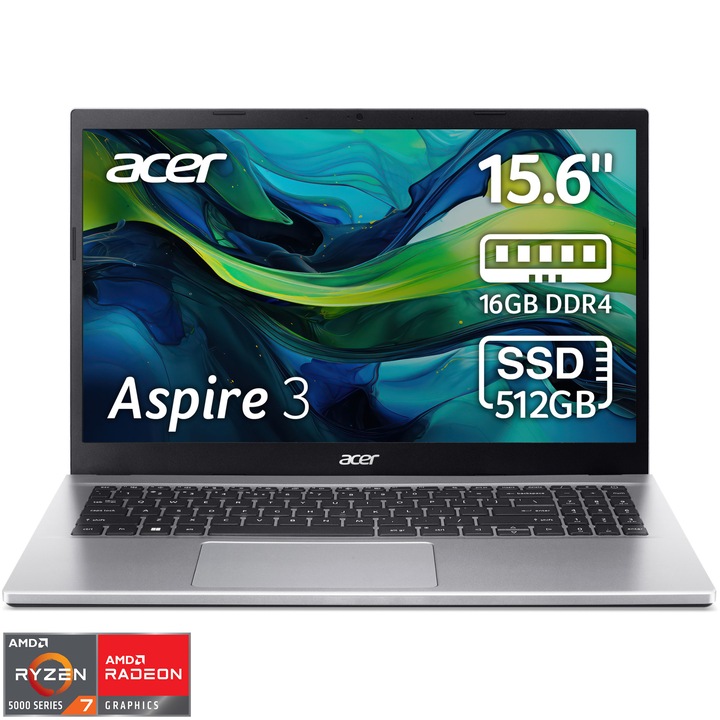 Laptop Acer Aspire 3 A315-44P cu procesor AMD Ryzen™ 7 5700U pana la 4.30 GHz, 15.6", Full HD, IPS, 16GB DDR4, 512GB SSD, AMD Radeon™ Graphics, No OS, Silver