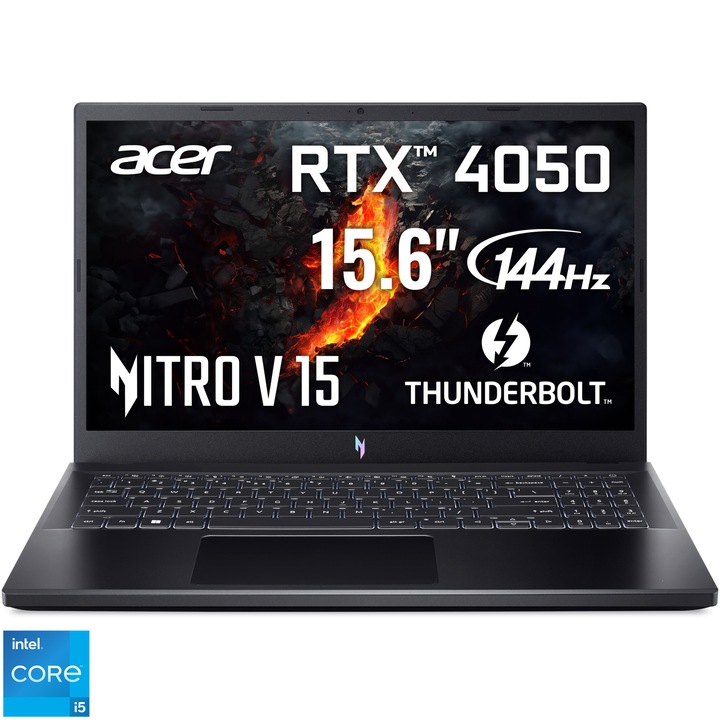 Laptop Gaming Acer Nitro V 15 ANV15-51 cu procesor Intel® Core™ i5-13420H pana la 4.60 GHz, 15.6", Full HD, IPS, 144Hz, 16GB, 512GB SSD, NVIDIA® GeForce RTX™ 4050 6GB GDDR6, Free DOS, Black