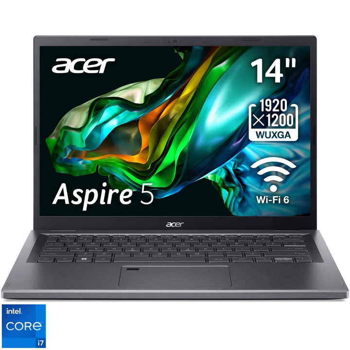 Acer Aspire 5 A514-56 laptop Intel® Core™ i7-1355U processzorral max. 5.0 GHz, 14", WUXGA, IPS, 16GB, 512GB SSD, Intel® UHD Graphics, No OS, Nemzetközi angol billentyűzet, Vas