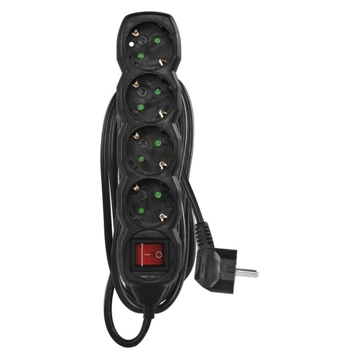 Разклонител Emos, 4 контакта, 3 м, с ключ, 16A, черен