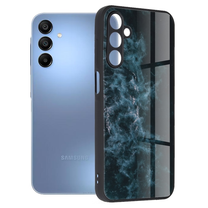 Samsung Galaxy A15 4G/5G kemény hátlap tok, üveg / polikarbonát / TPU tok, kék felhő mintás, SM-A155, SM-A156, Techsuit Glaze Blue Nebula