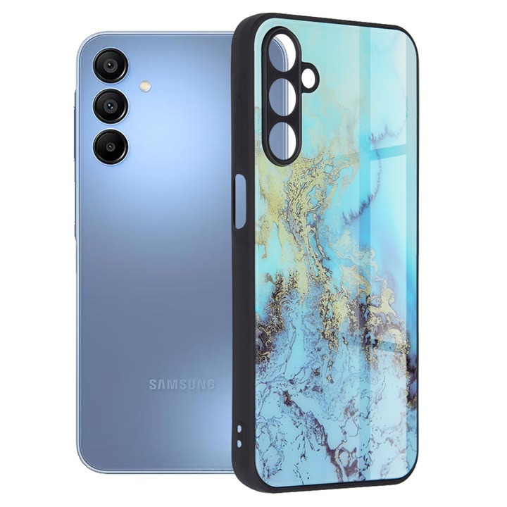 Samsung Galaxy A15 4G/5G kemény hátlap tok, üveg / polikarbonát / TPU tok, kék óceán mintás, SM-A155, SM-A156, Techsuit Glaze Blue Ocean