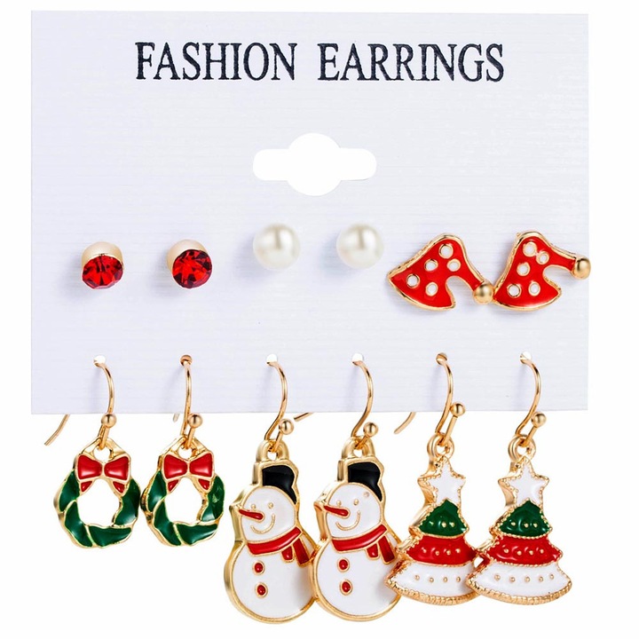 Set 12 cercei de Craciun, coronite, oameni de zapada, braduti, caciulite, cristale si perle Auriu