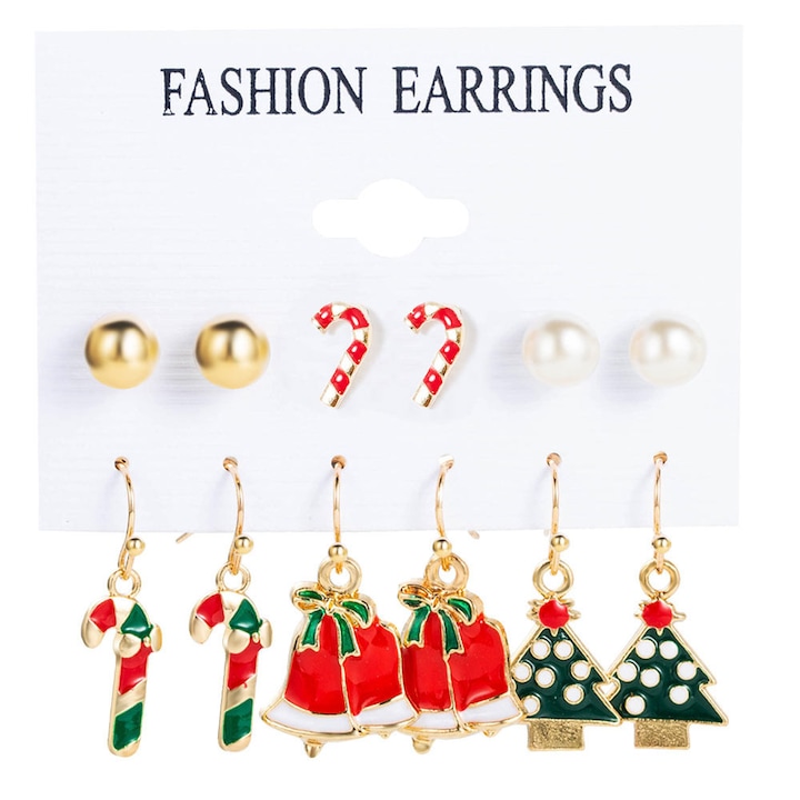 Set 12 cercei de Craciun, acadele, clopotei, braduti, acadele, perle si bilute aurii Auriu