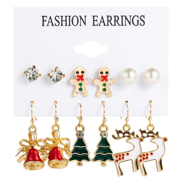 Set 12 cercei de Craciun, clopotei, braduti, reni, omuleti de turta dulce, perle si cristale Auriu