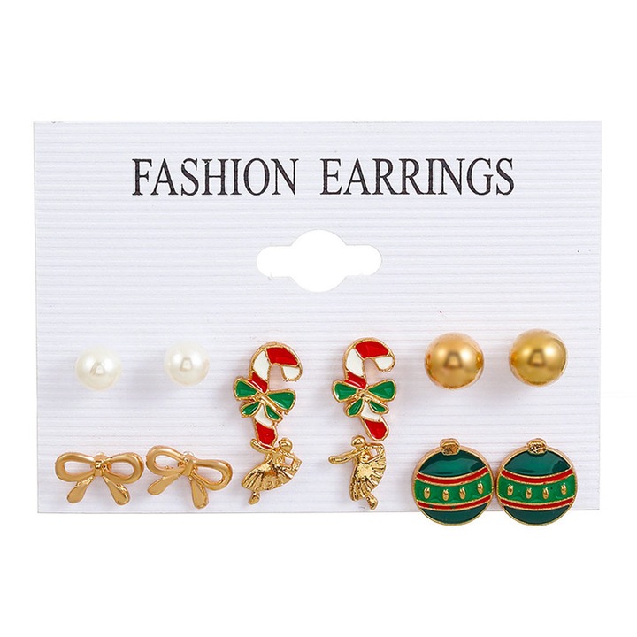 Set 12 cercei de Craciun, globuri, balerine, fundite, acadele, bilute aurii si perle Auriu